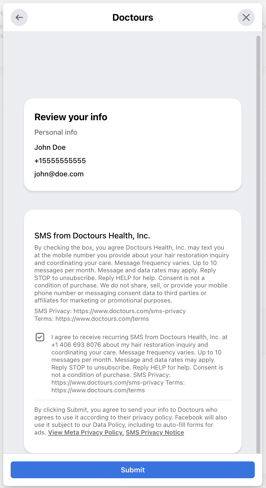 Doctours Instant Form SMS checkbox checked, Submit enabled