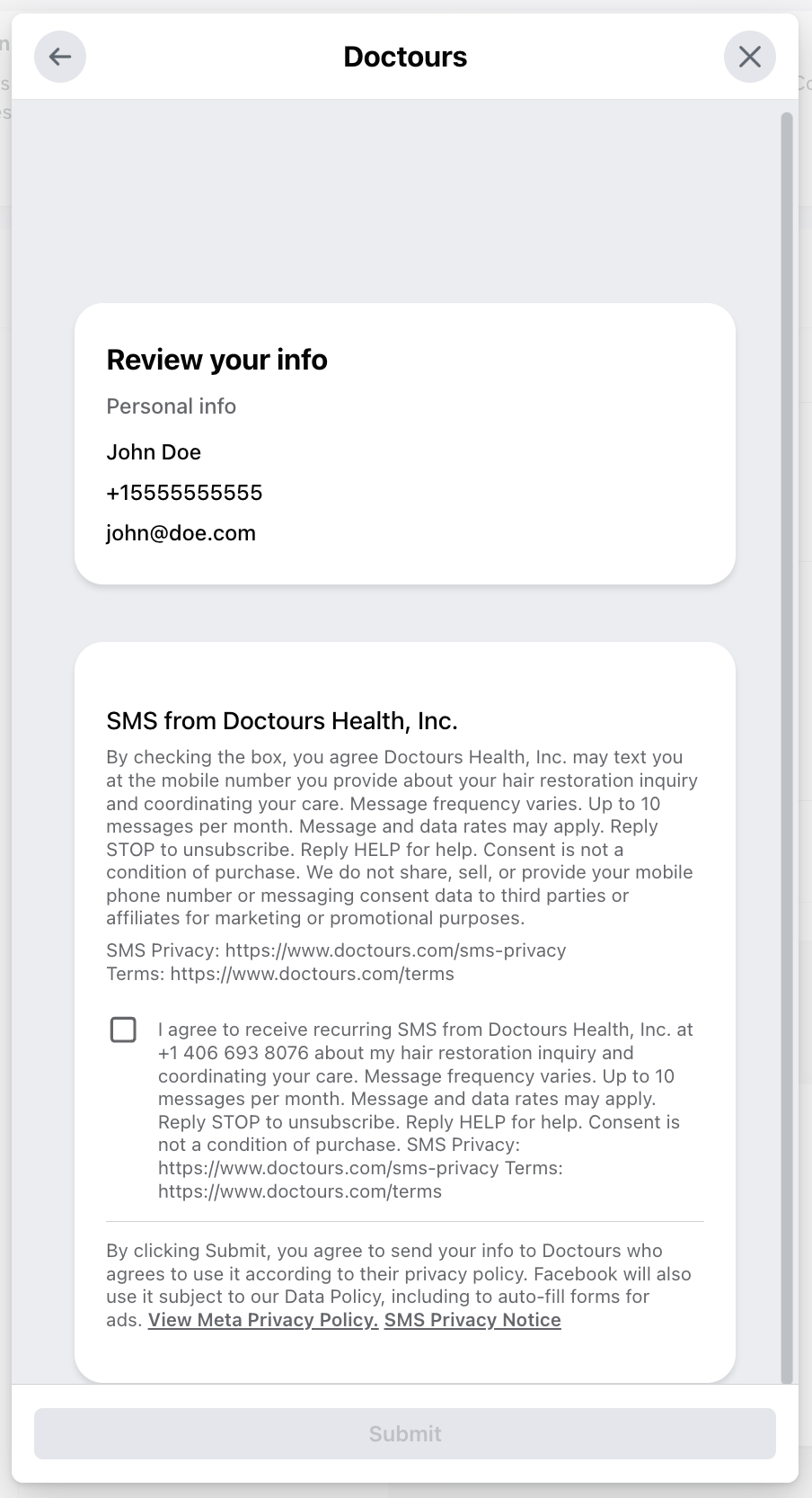 Doctours Instant Form SMS checkbox unchecked, Submit disabled